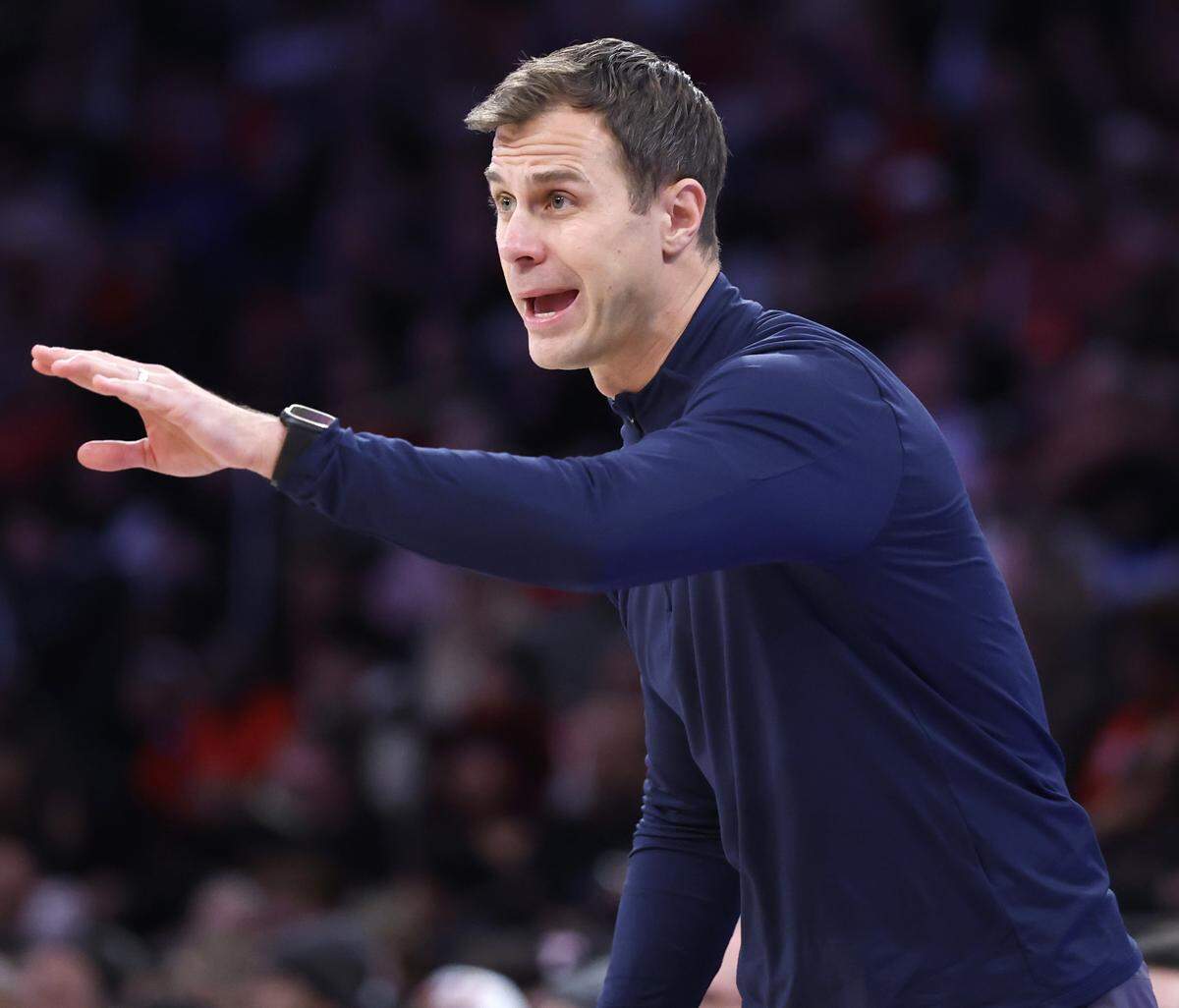 Duke head coach Jon Scheyer motions to his players during the second half of Texas Tech’s 82-81 victory over Duke in the SentinelOne Classic at Madison Square Garden in New York City, N.Y., Saturday, Dec. 20, 2025.