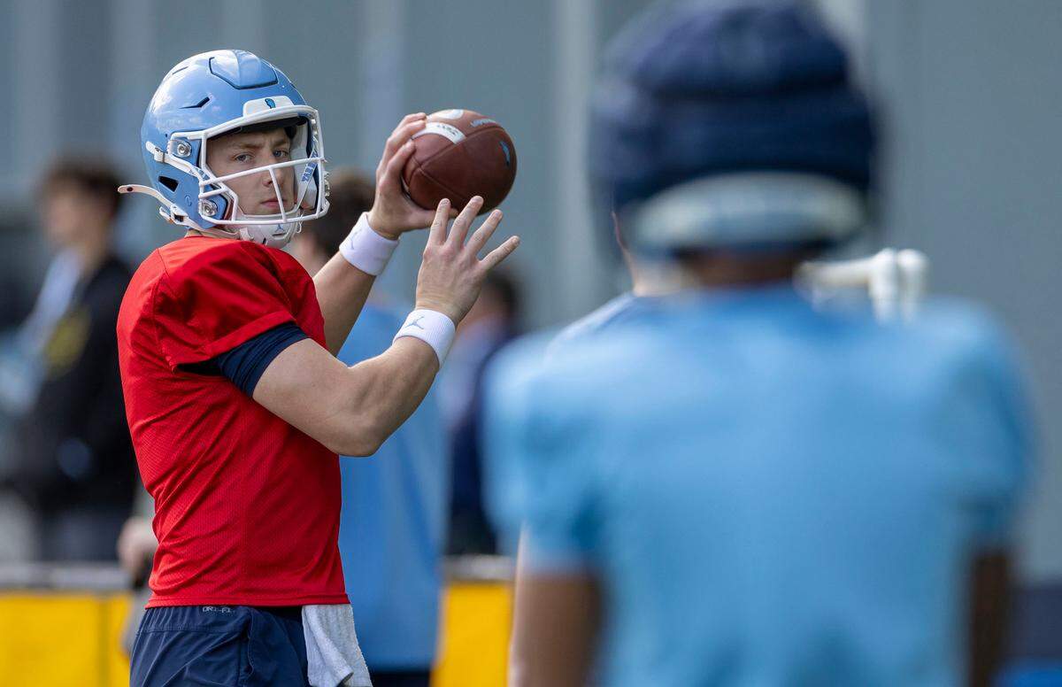 North Carolina quarterback Max Johnson works out during the Tar Heels’ Spring football practice on Wednesday, March 5, 2025 in Chapel Hill N.C.