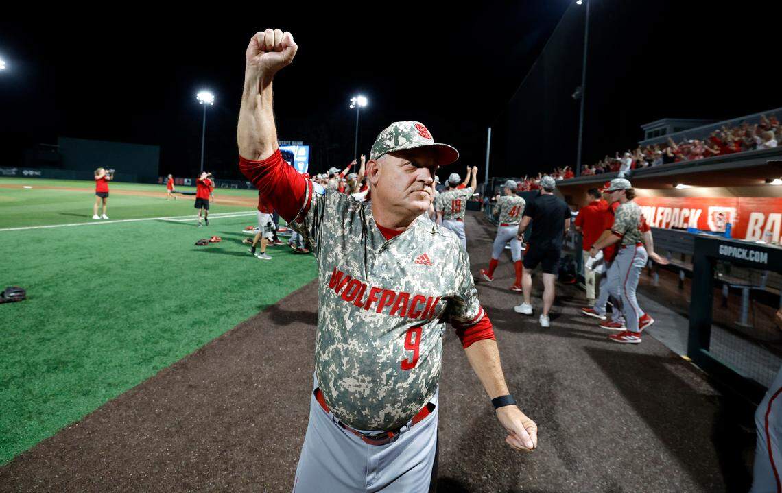N.C. State head coach Elliott Avent acknowledges the crowd after N.C. State’s 5-3 victory over James Madison in the NCAA Raleigh Regional final at Doak Field Sunday, June 2, 2024.