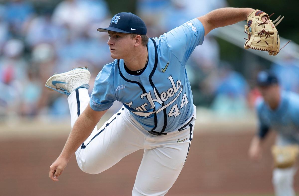 North Carolina pitcher Auston Love follows through on a pitch during the ninth inning against Auburn in the NCAA Super Regional on Sunday, June 9, 2019 at Boshamer Stadium in Chapel Hill, N.C. Love was credited with the win after replacing starter Austin Bergner.