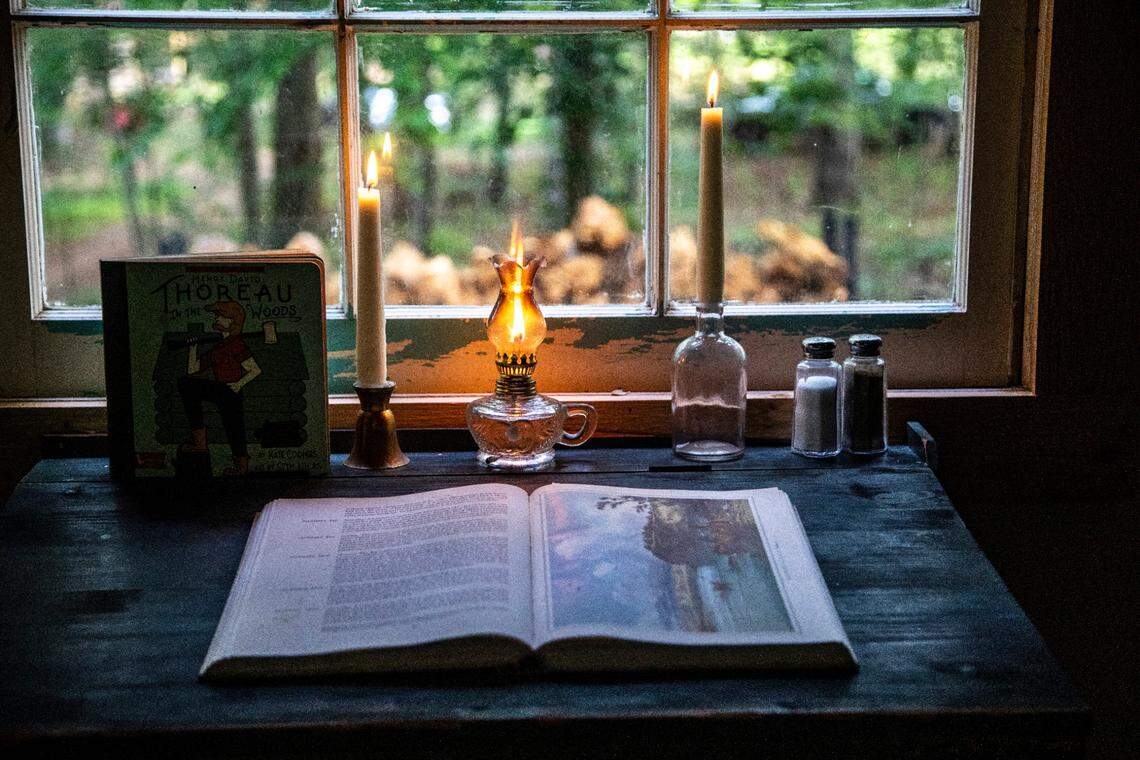 The desk inside a replica of Henry David Thoreau’s Walden Cabin near Stokesdale.