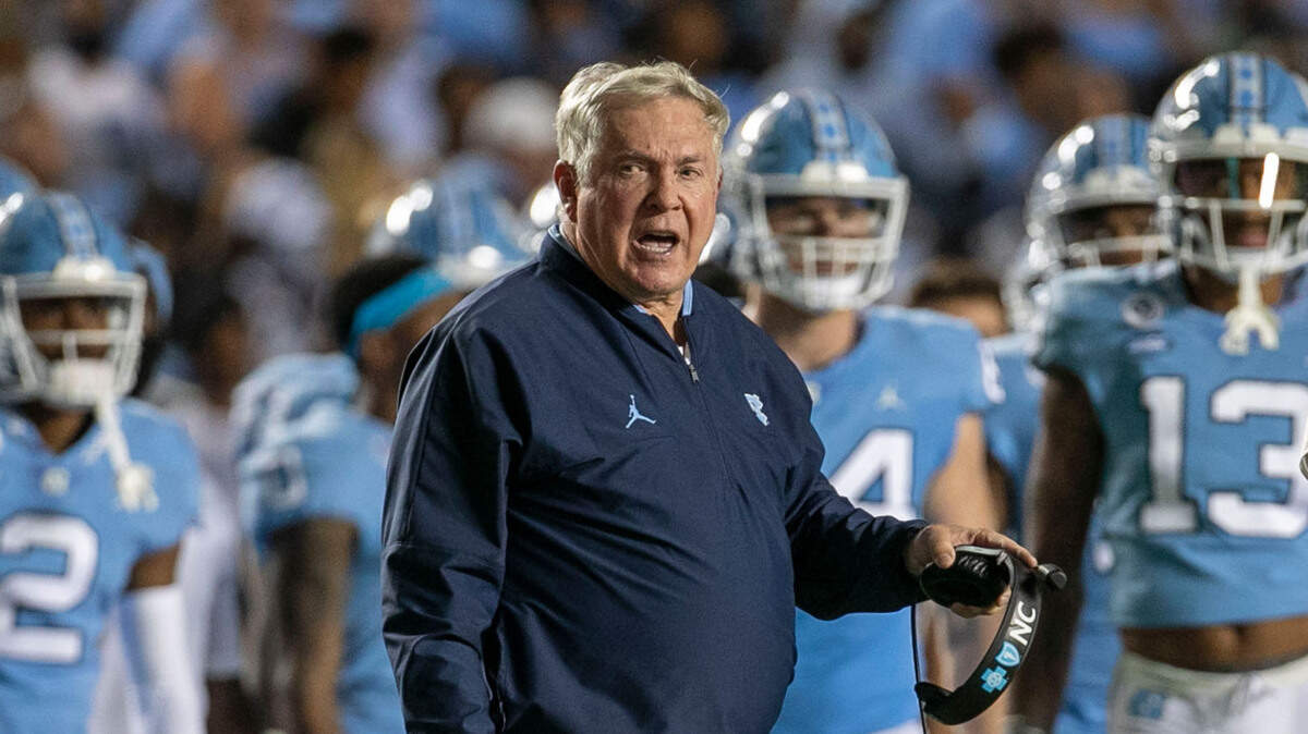 North Carolina coach Mack Brown steps to the field to huddle with his offensive unit in the third quarter on Saturday, September 11, 2021 at Kenan Stadium in. Chapel Hill, N.C.