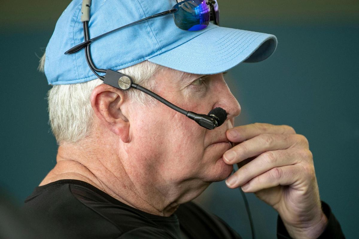 North Carolina coach Mack Brown watches his team during their first practice of the season on Thursday, August 5, 2021 in Chapel Hill N.C.