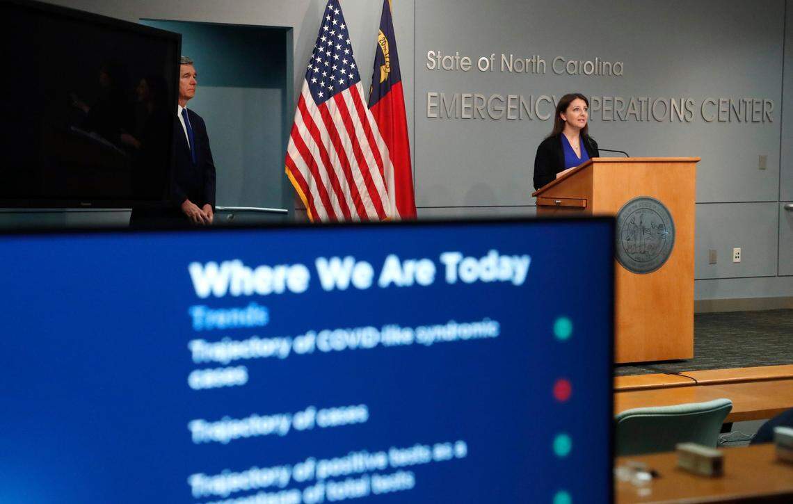 Dr. Mandy Cohen, secretary of the state Department of Health and Human Services, talks during a briefing on the coronavirus pandemic at the Joint Force Headquarters in Raleigh, N.C., Wednesday, May 20, 2020.