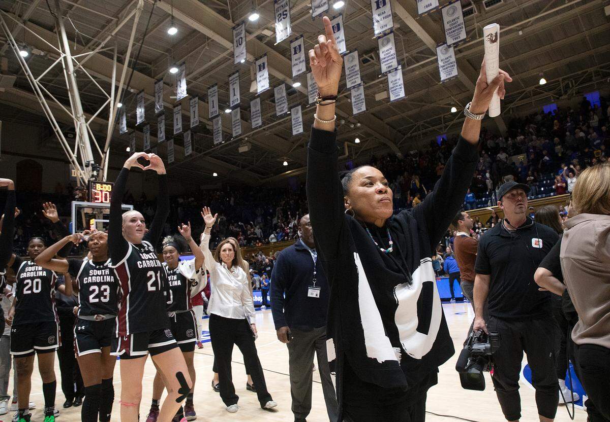 South Carolina head coach Dawn Staley acknowledges the crowd following the Gamecocks’ 77-61 win over Duke on Sunday, Dec. 3, 2023, at Cameron Indoor Stadium in Durham, N.C.