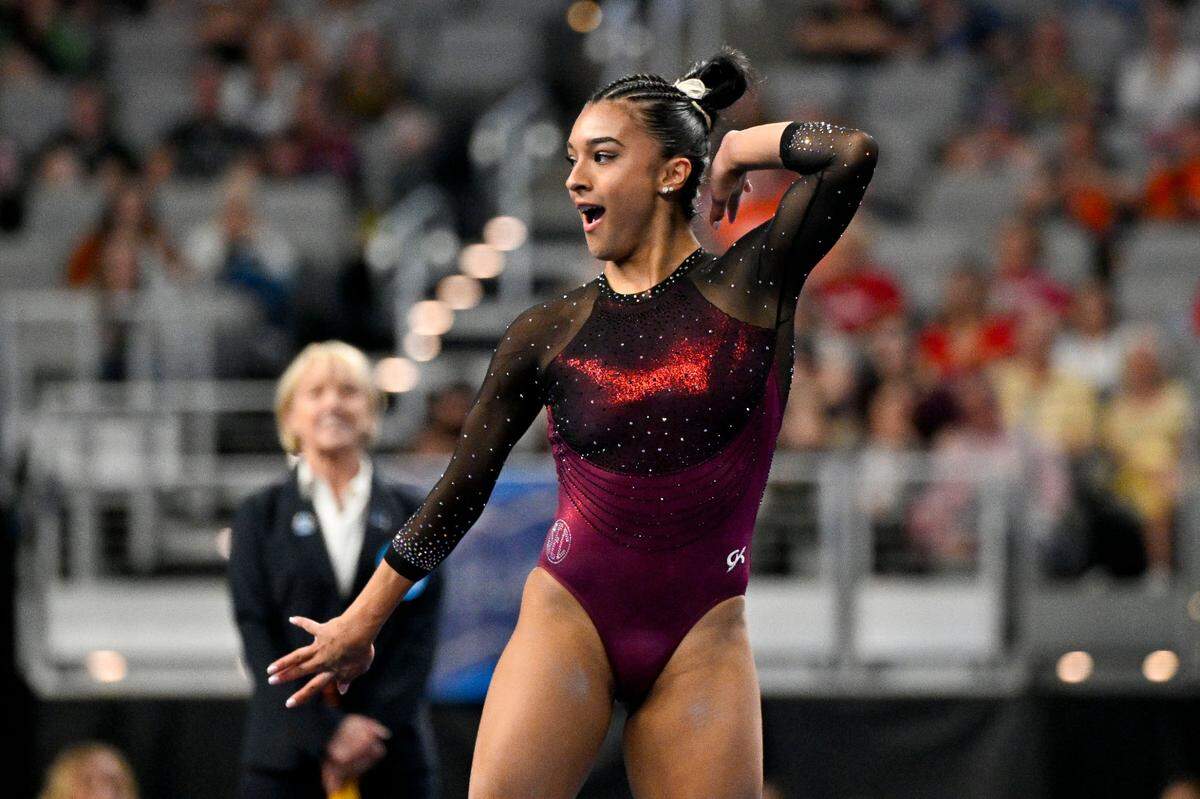 Apr 18, 2024; Fort Worth, TX, USA; University of Alabama Crimson Tide gymnast Luisa Blanco performs on floor exercise during the 2024 NCAA Women’s National Gymnastics Semifinals at Dickies Arena.
