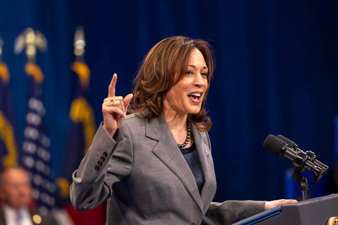 Vice President Kamala Harris delivers a speech on heath care during a campaign stop at the Chavis Community Center in Raleigh on Tuesday, March 26, 2024.
