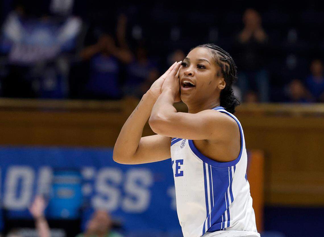 Duke’s Ashlon Jackson reacts after knocking down a three-point basket during the second half of the Blue Devils’ 59-53 win over Oregon in the second round of the NCAA Tournament on Sunday, March 23, 2025, at Cameron Indoor Stadium in Durham, N.C.