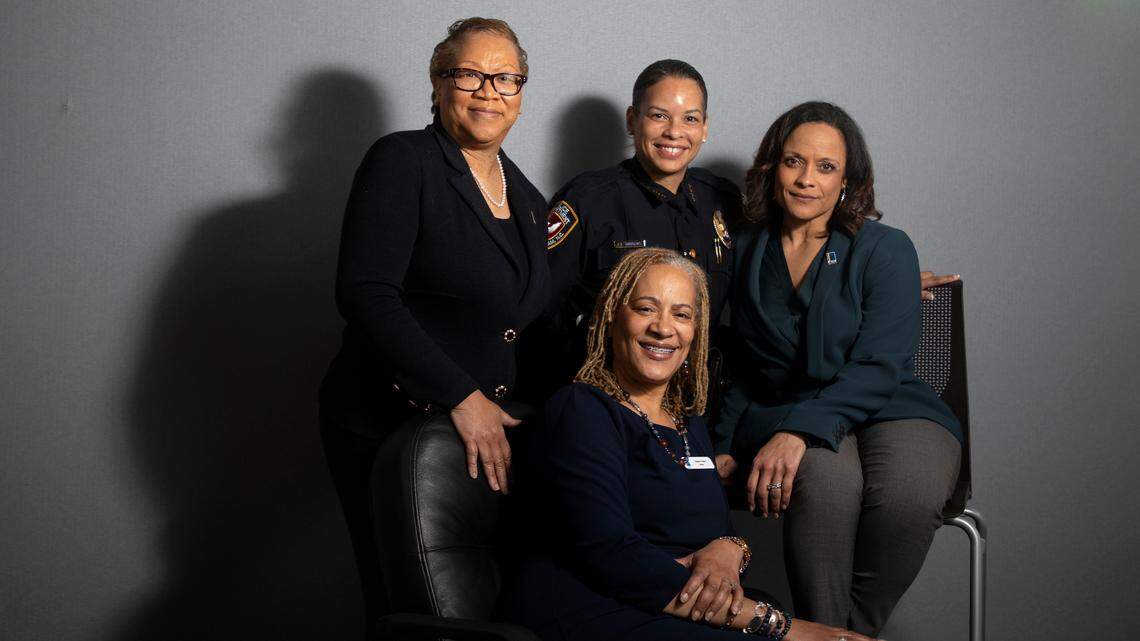 From left, Durham City Manager Wanda Page, Police Chief Patrice Andrews, City Attorney Kimberly Rehberg and Mayor Elaine O’Neal sit for a portrait at Durham City Hall on Wednesday, March 1, 2023, in Durham, N.C.