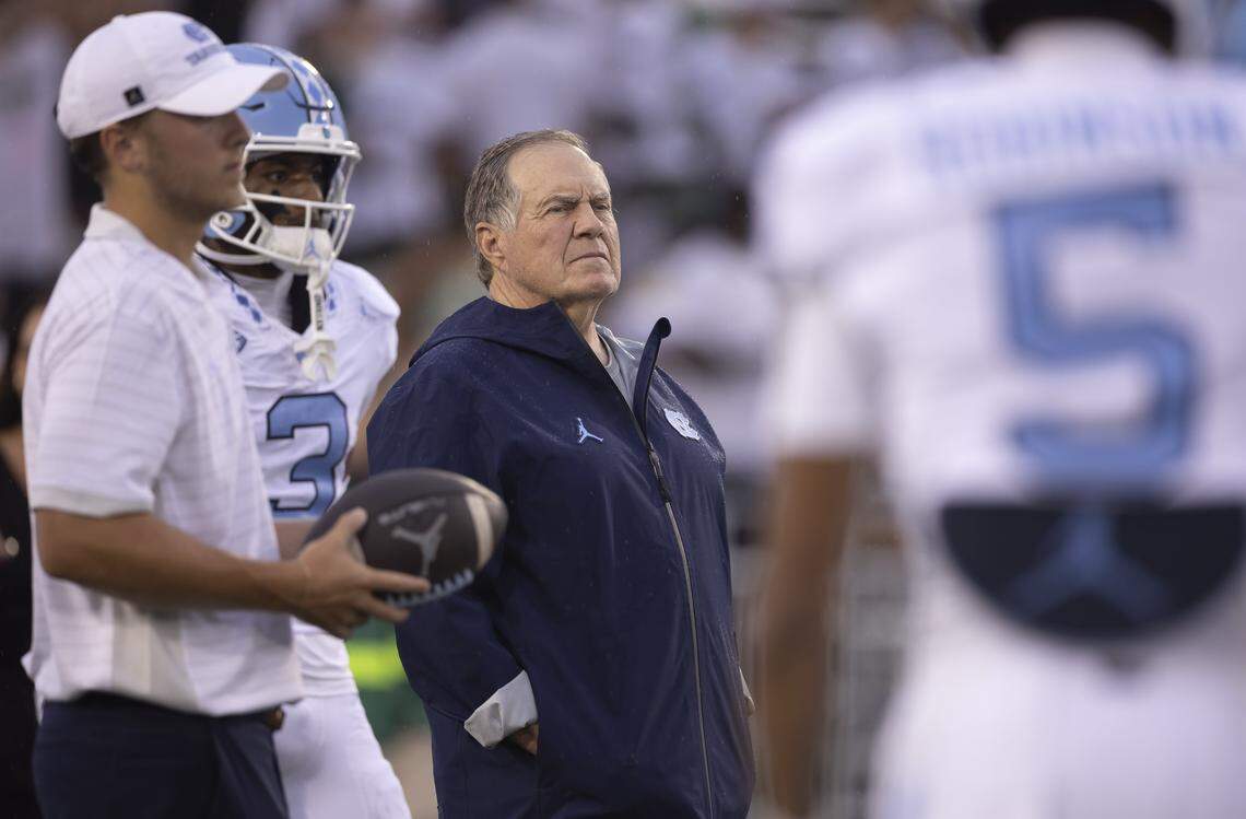 North Carolina coach Bill Belichick watches the Tar Heels warm up for their game against UNC Charlotte on Saturday, September 6, 2025 at Jerry Richardson Stadium in Charlotte, N.C. 