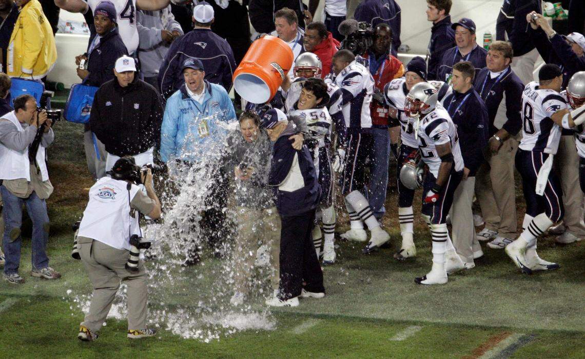 New England Patriots head coach Bill Belichick in has water dumped on him in the closing moments of his team’s 24-21 win over the Philadelphia Eagles in Super Bowl XXXIX at Alltel Stadium in 2005.