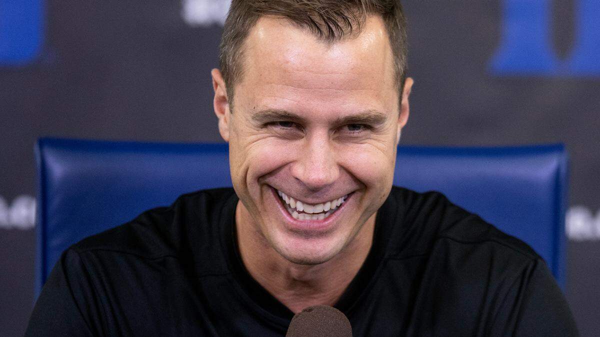 Duke head coach Jon Scheyer smiles during a press conference on Friday, Sept. 29, 2023, at Cameron Indoor Stadium in Durham, N.C.