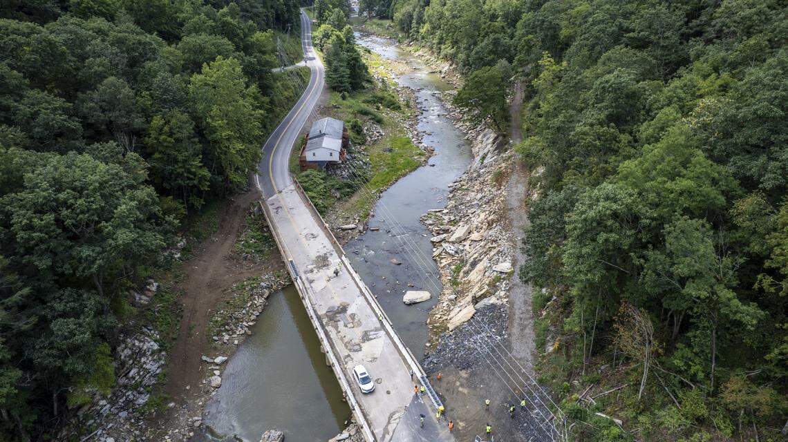 This bridge that carries U.S. 19W over the Cane River is one of dozens damaged in Yancey County by flooding from the remnants of Hurricane Helene in 2024. It has been repaired enough to allow traffic to cross but will need to be replaced.