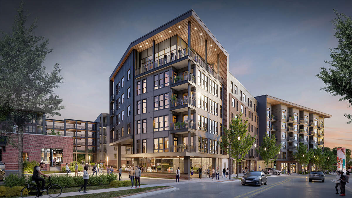 Rendering of Wye Junction at 701 Washington St in Durham. Plans include 310 one- to three-bedroom apartment homes across two residential buildings connected by a multilevel open-air bridge.