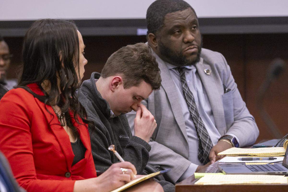 Austin Thompson, 18, listens to testimony from Raleigh Police Lt. J.E. Rigsbee during Thompson’s sentencing hearing in Wake County Superior Court in Raleigh on Tuesday, Feb. 3, 2026. Thompson previously pleaded guilty to murder in the 2022 Hedingham neighborhood mass shooting, the deadliest in the city's history.