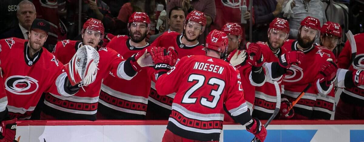 The Carolina Hurricanes Stefan Noesen (23) skates to the bench after scoring in the third period to tie the Florida Panthers 2-2 during Game 1 of the Eastern Conference Finals on Thursday, May 18, 2023 at PNC Arena in Raleigh, N.C.
