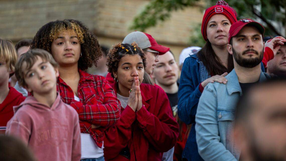 NC State fans watch the Wolfpack play Purdue in the Final Four during a watch party on Hillsborough Street in Raleigh on Saturday, April 6, 2024. Purdue won 63-50.