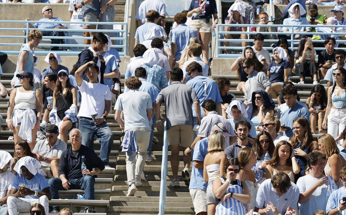 Fans leave during the first half of UNC’s game against Clemson at Kenan Stadium in Chapel Hill, N.C., Sat. Oct. 4, 2025.