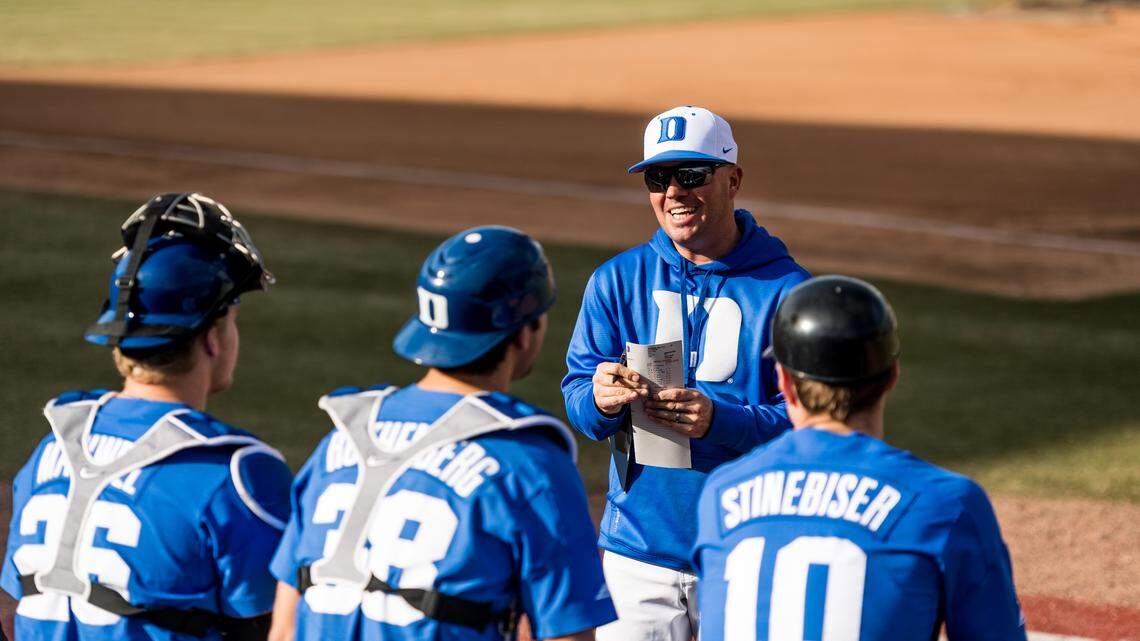 Duke baseball assistant coach Josh Jordan talks with players prior to a game with Richmond at Durham Bulls Athletic Park in Durham, NC on February 26th, 2019.
