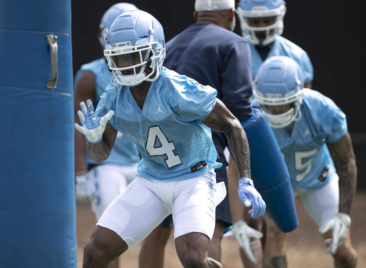 North Carolina wide receiver Rontavius Groves (4) runs through a drill at the Tar Heels’ practice on Friday, August 2, 2019 at the Football Practice Complex in Chapel Hill, N.C.