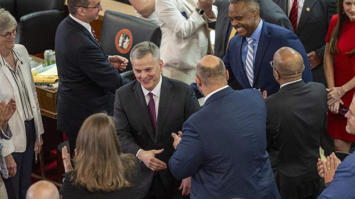 Gov. Josh Stein enters the House chamber before delivering his State of the State address to a joint session of the General Assembly on Wednesday, March 12, 2025, in the Legislative Building.