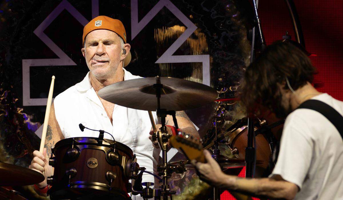 Red Hot Chili Peppers drummer Chad Smith pounds the skins on a opening jam, Wednesday night, June 26, 2024 in Raleigh.
