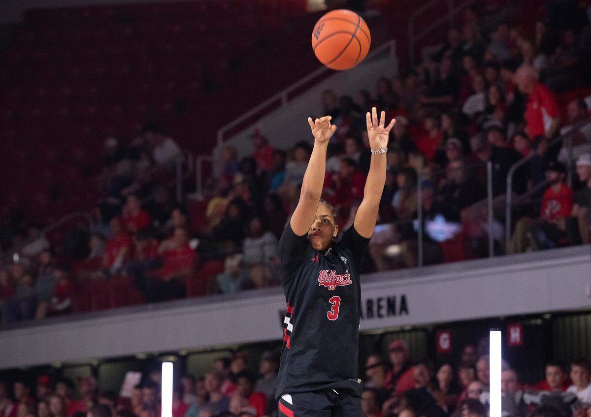 N.C. State’s Zamareya Jones puts up a shot during the Primetime with the Pack preseason event on Friday, Oct. 25, 2024, at Reynolds Coliseum in Raleigh, N.C.