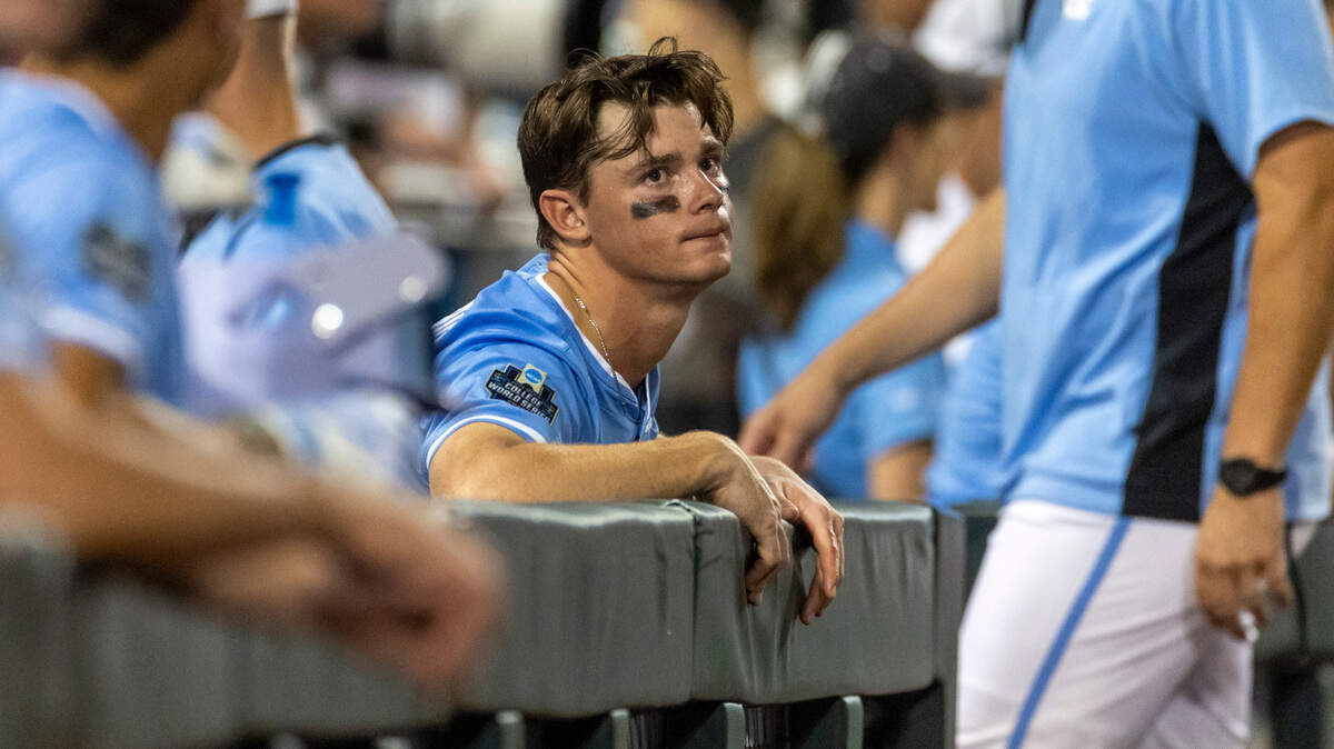 North Carolina right fielder Anthony Donofrio (4) reacts after the final out in the ninth inning as the Tar Heels fall 6-1 to Tennessee in game six of the College World Series on Sunday, June 16, 2024 at Charles Schwab Field in Omaha, Nebraska.