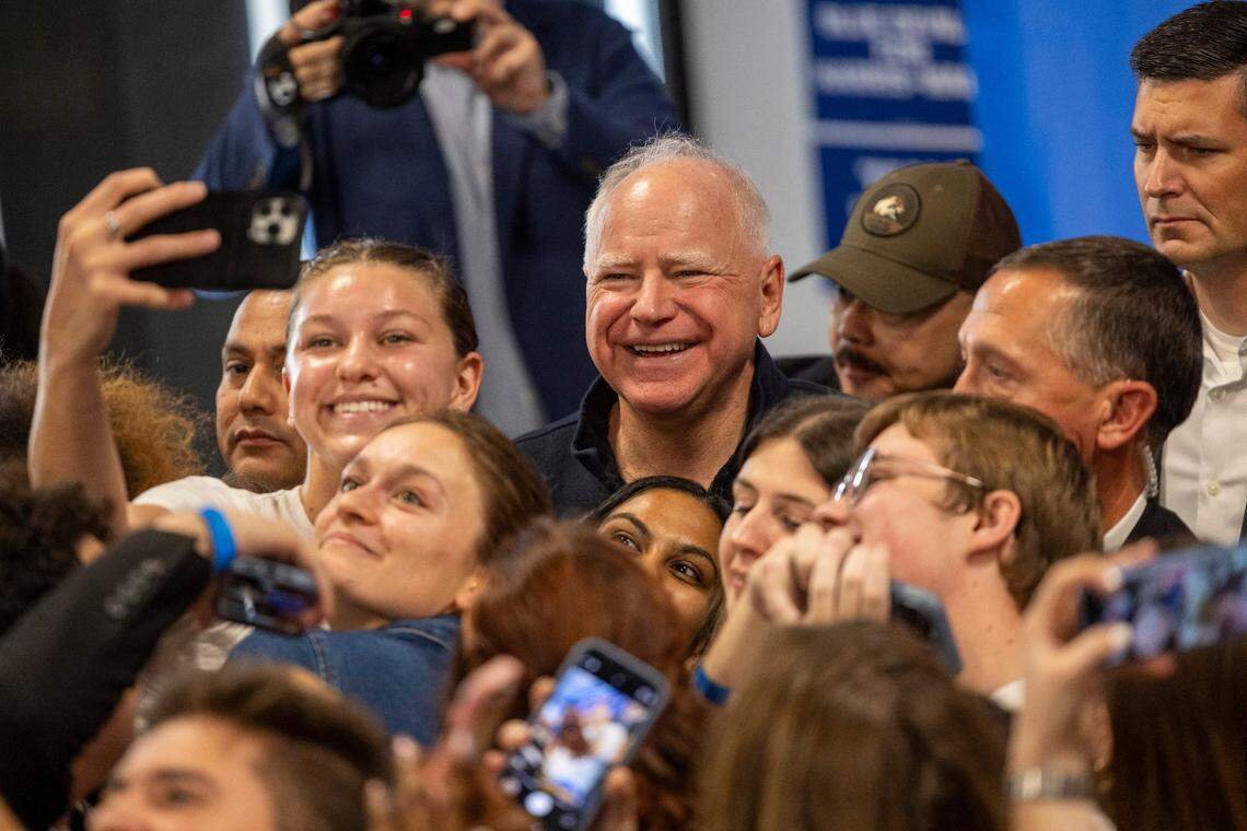Minnesota Gov. Tim Walz, the Democratic vice presidential candidate, works the crowd during a campaign event at Duke University on Thursday, Oct. 24, 2024 as Election Day draws near.
