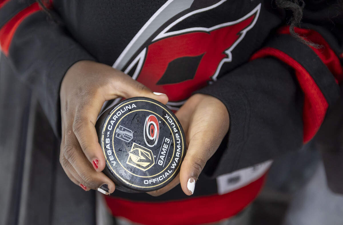 A cherished souvenir, a still frosty puck, tossed over the glass to fans by the Carolina Hurricanes, following their warm up period, prior to Game 3 of the Stanley Cup Final against Vegas Golden Knights, on Saturday, June 6, 2026 at T-Mobile Arena in Las Vegas, NV.