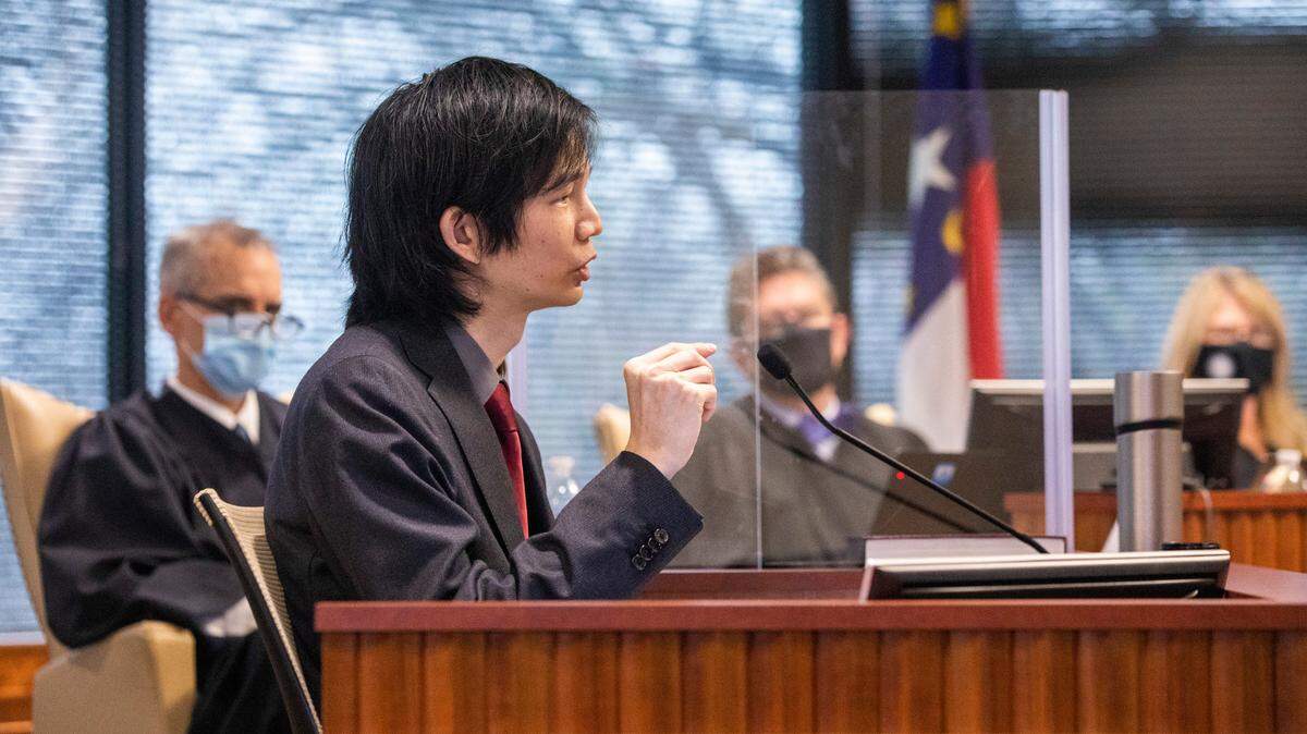 Jowei Chen, a political scientist from the University of Michigan, testifies during a partisan gerrymandering trial over North Carolina’s new political maps Monday, Jan. 3, 2022 at a courtroom at Campbell University School of Law in Raleigh in Raleigh, NC.