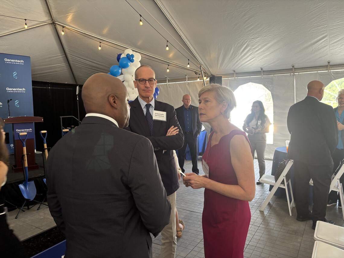 U.S. Rep. Deborah Ross, a Wake County Democrat, stands next to Ralf Heckner, the Swiss ambassador to the United States, at the Genentech plant groundbreaking ceremony in Holly Springs, NC, on Aug. 25, 2025.