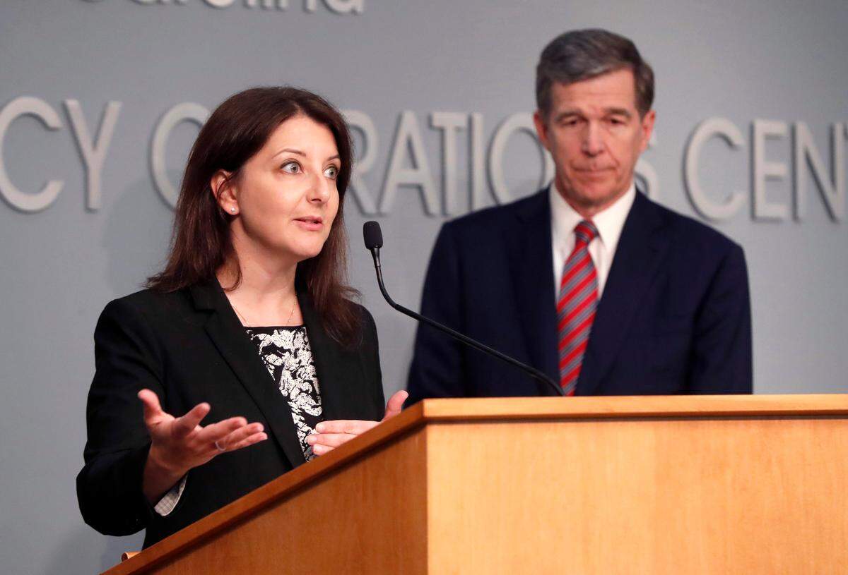 Dr. Mandy Cohen, secretary of the state Department of Health and Human Services, answers a question during a briefing on the coronavirus pandemic at the Emergency Operations Center in Raleigh, N.C., Tuesday, May 26, 2020.