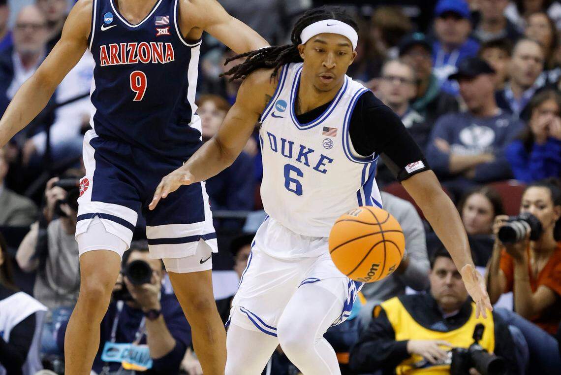 Duke’s Maliq Brown (6) keeps his eyes on a loose ball during the first half of Duke’s game against Arizona in the Sweet 16 round of the 2025 Men’s NCAA Basketball Championship at the Prudential Center in Newark, N.J., Thursday, March 27, 2025.
