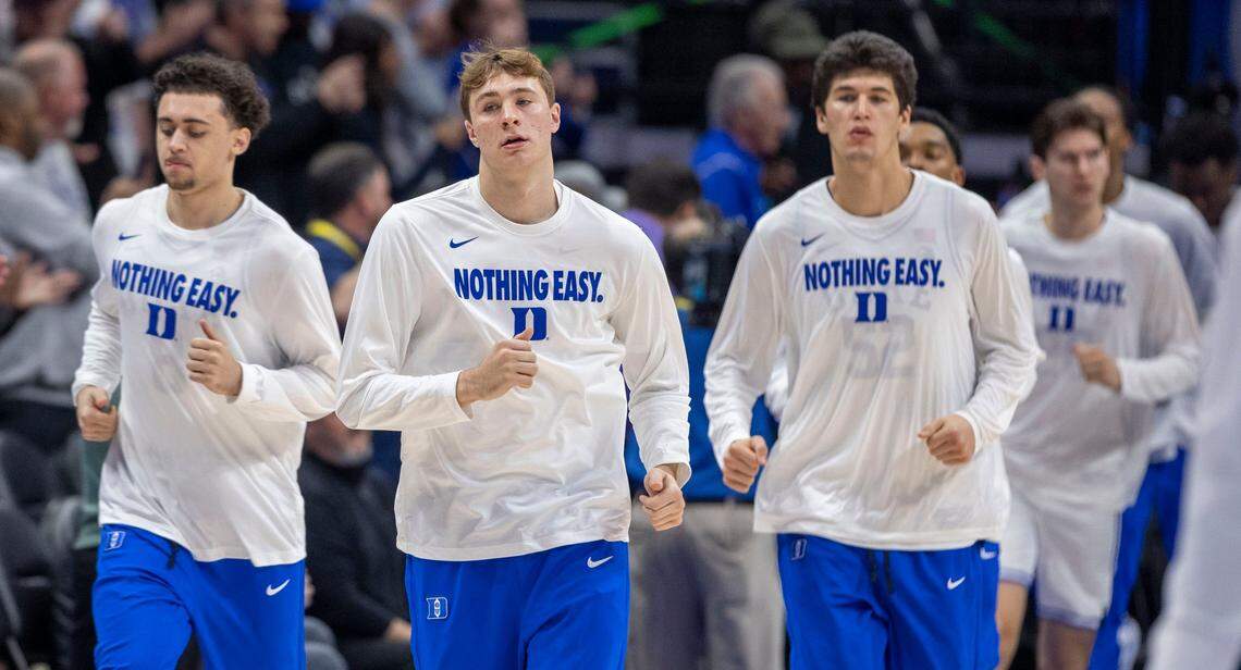 Duke’s Cooper Flagg (2) and his teammate take the court for their game against Georgia Tech on Thursday, March 13, 2025 during the quarterfinals of the ACC Tournament at Spectrum Center in Charlotte, N.C.