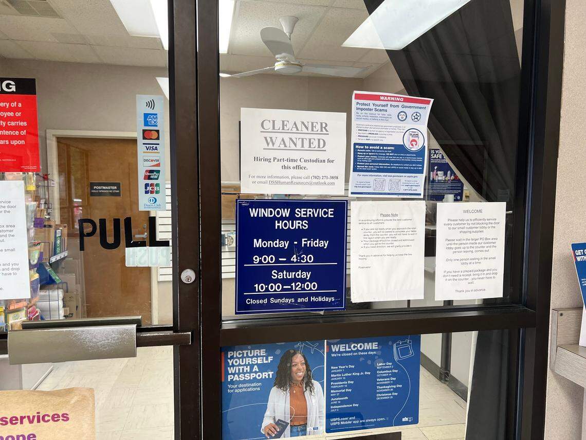 The Holly Springs Post Office, at 112 Third Street, is open during the week from 9 a.m. to 4:30 p.m. and from 10 a.m. to noon on Saturday.