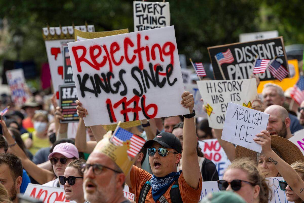 Hundreds of demonstrators rally at the North Carolina State Capitol on Saturday, June 14, 2025. The event was one of dozens held across the state and hundreds nationwide during what organizers called a nationwide day of defiance against the Trump administration.