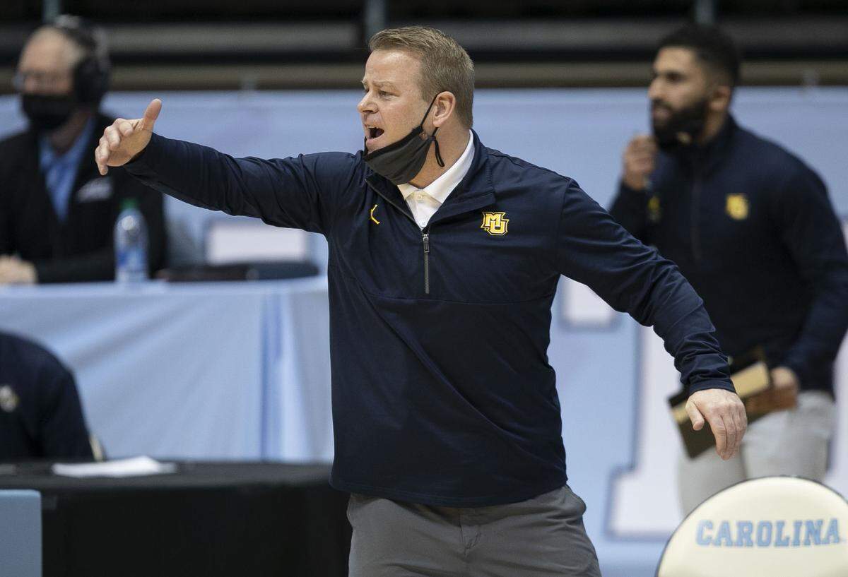 Marquette coach Steve Wojciechowski directs his team on defense during the fist half against North Carolina on Wednesday, February 24, 2021 at the Smith Center in Chapel Hill, N.C.