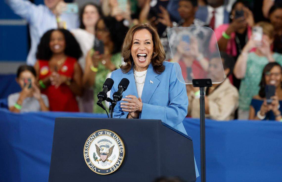 Vice President and Democratic nominee for president Kamala Harris reacts to the crowd before speaking in at Wake Tech Community College’s North Campus in Raleigh, N.C., Friday, August 16, 2024.