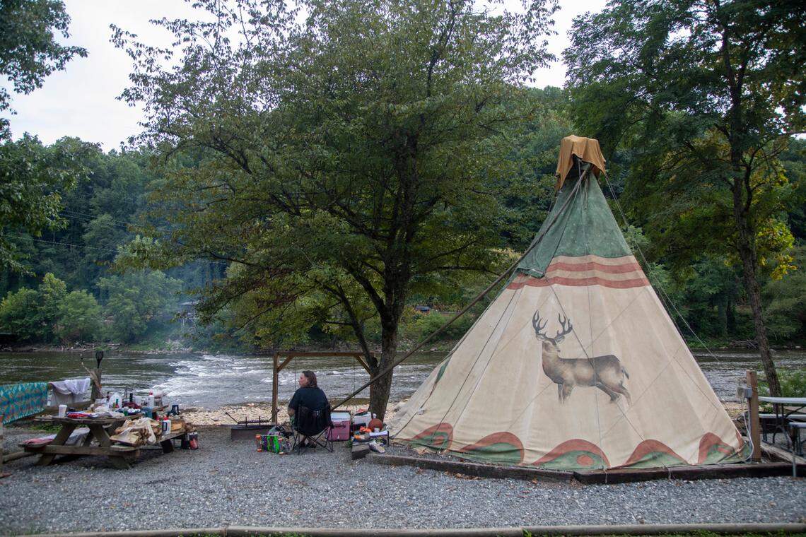 Troy Medlin camps at the Grumpy Bear Campground on the Tuckasegee River near Bryson City.