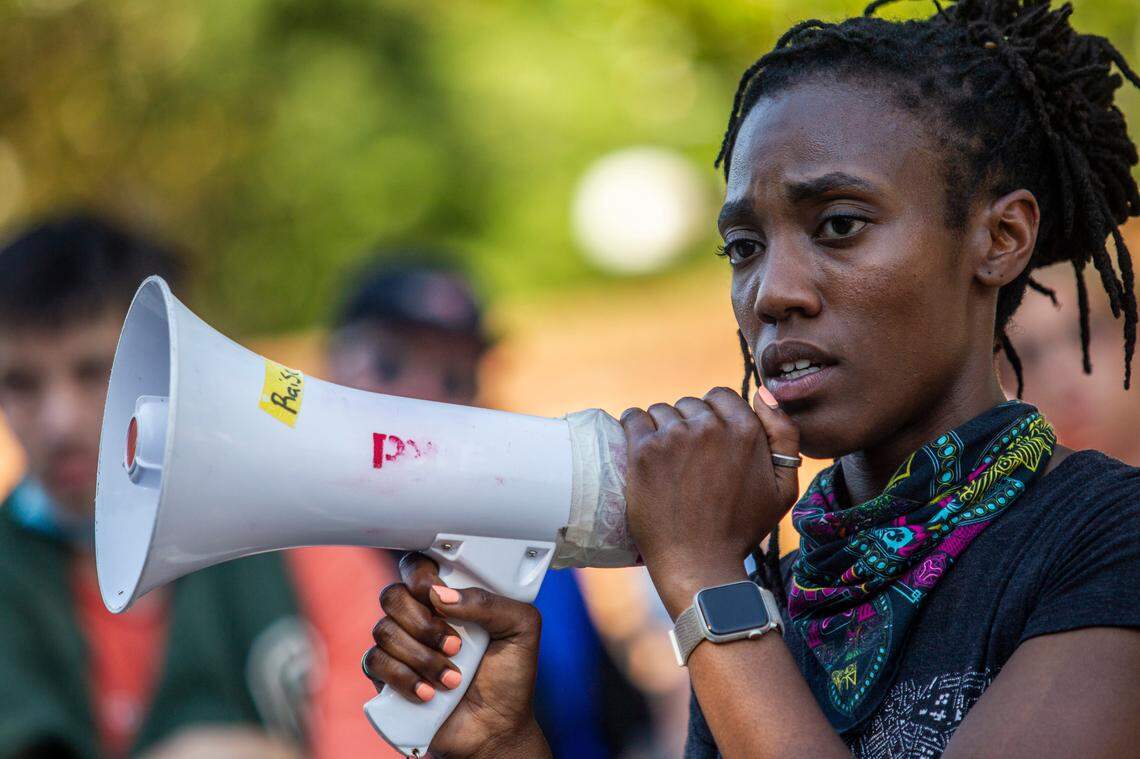 Taari Coleman organizes a group called NC Building Our Revolution Now during an anti-racism protest outside the Executive Mansion in Raleigh Wednesday, June 3, 2020.