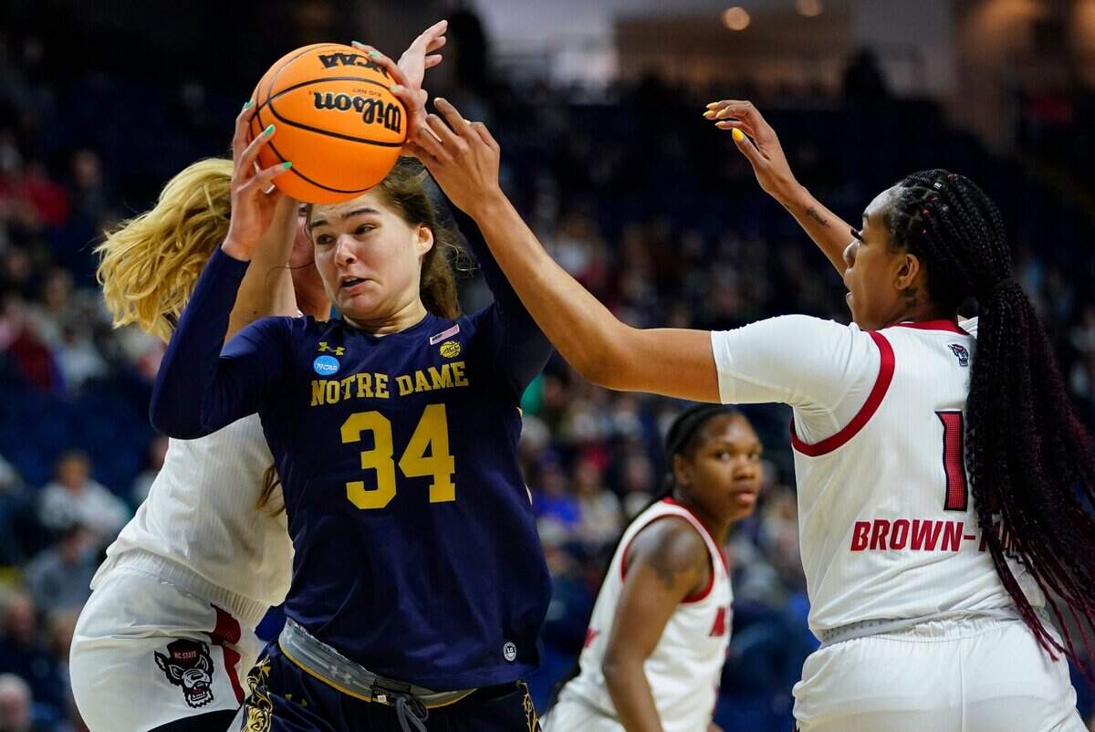 Notre Dame forward Maddy Westbeld (34) drives the lane against North Carolina State forward Jakia Brown-Turner (11) during the first quarter of a college basketball game in the Sweet Sixteen round of the NCAA women’s tournament, Saturday, March 26, 2022, in Bridgeport.