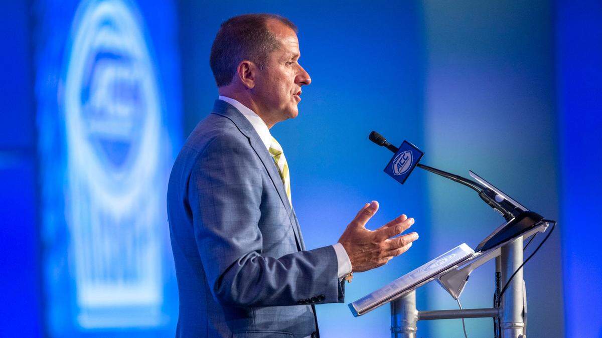 ACC Commissioner Jim Phillips speaks during the Commissioner’s Forum in the Westin grand ballroom during the 2022 ACC Football Kickoff on Wednesday, July 20, 2022 in Charlotte, N.C.