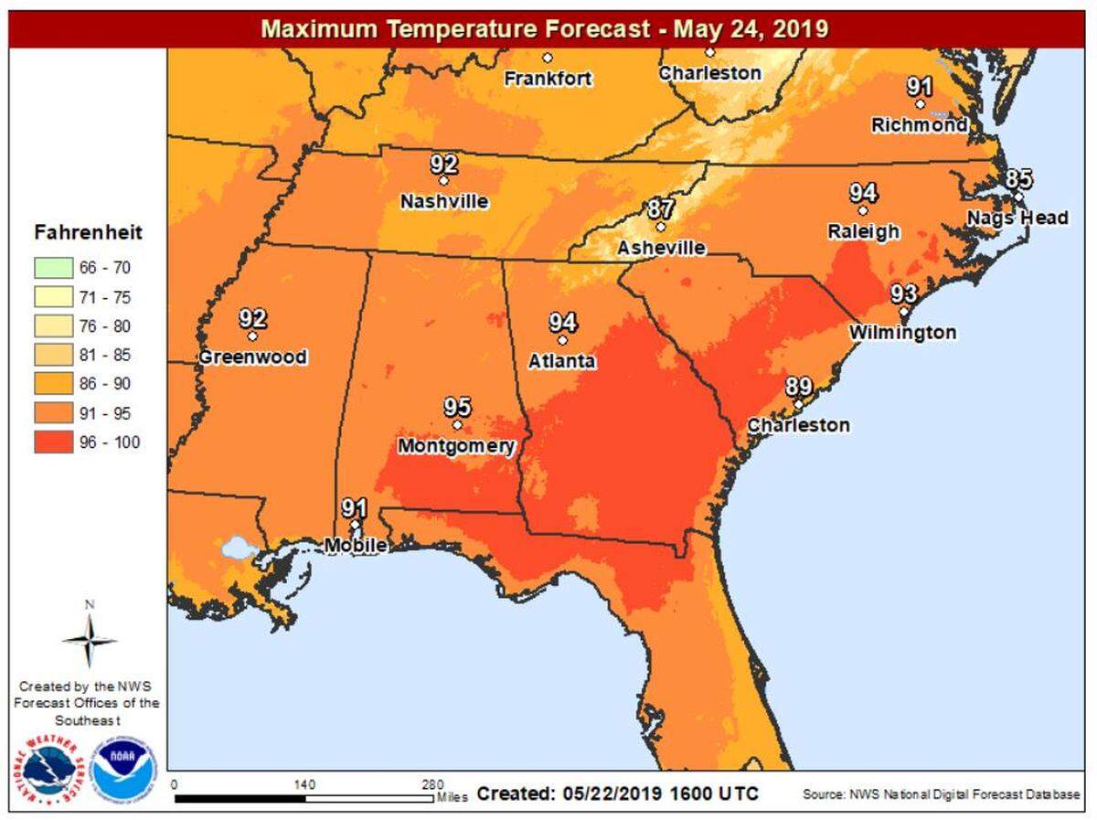 Forecasters warn a heat wave will take over much of the South for Memorial Day weekend. This image shows the maximum temperatures forecast for Friday.