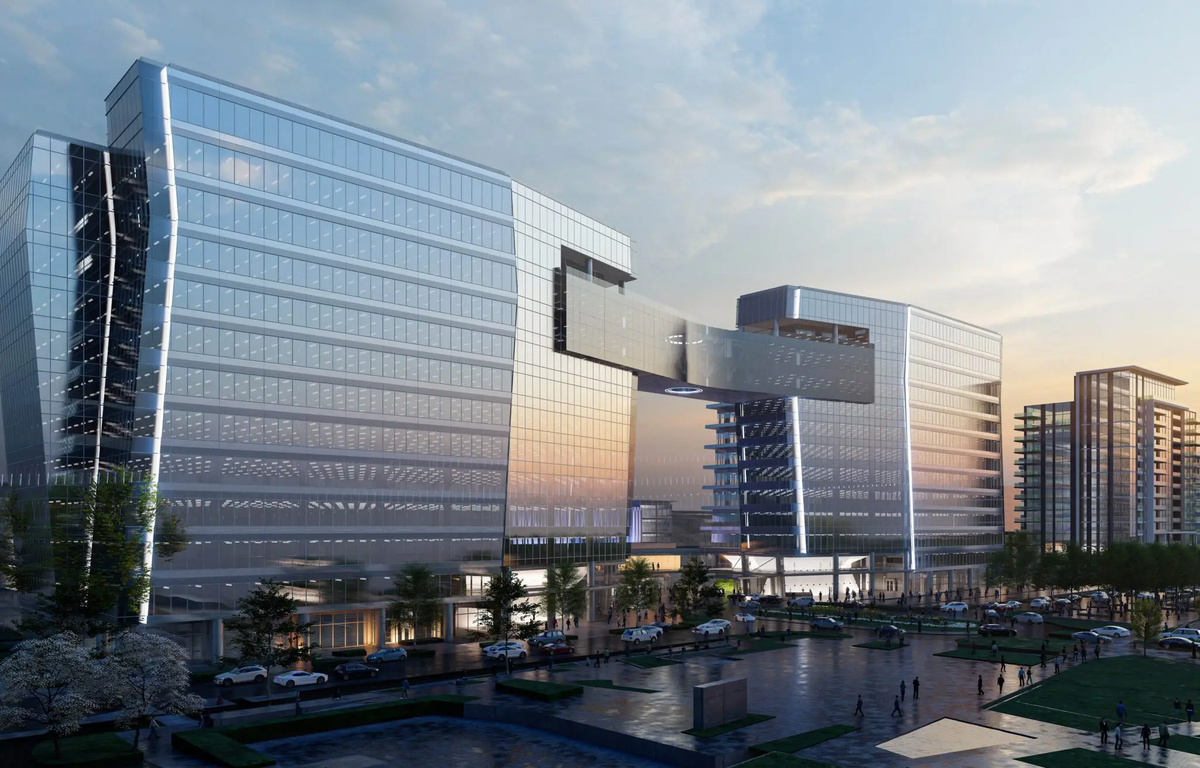 Construction began in summer 2022 on the first project in The Exchange Raleigh, a pair of towers joined by a sky bridge.
