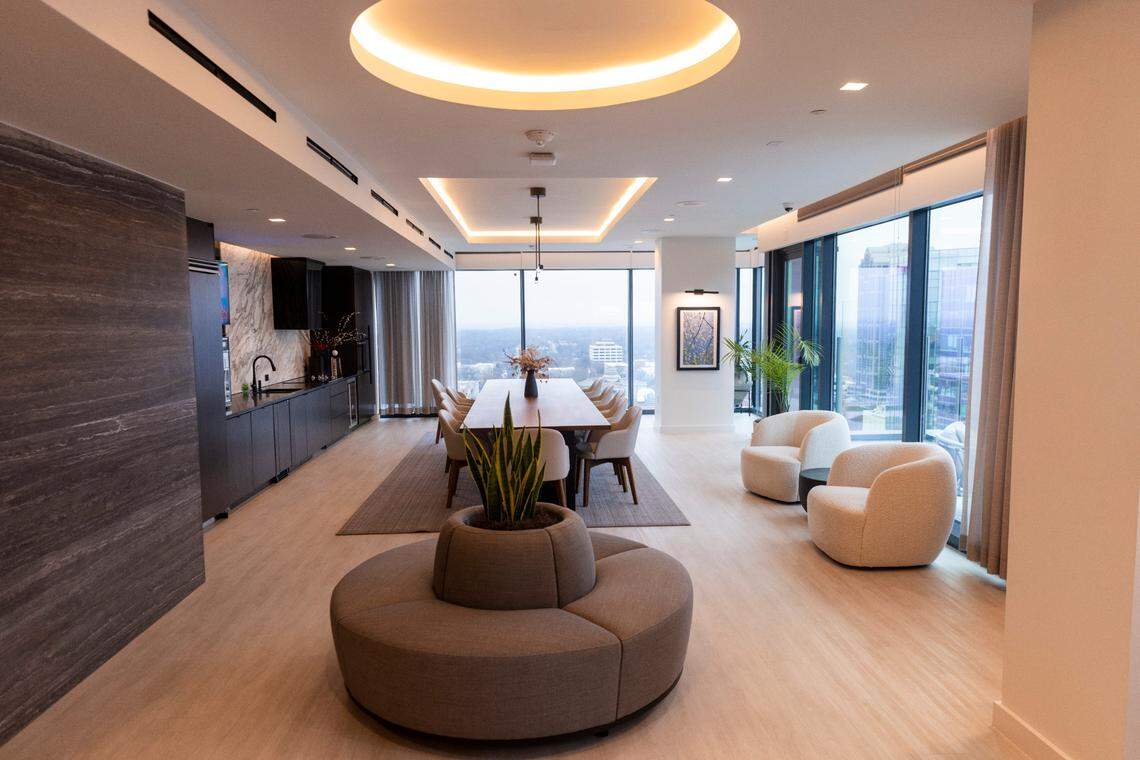 A common area on a residential floor inside 400H Apartments in downtown Raleigh.