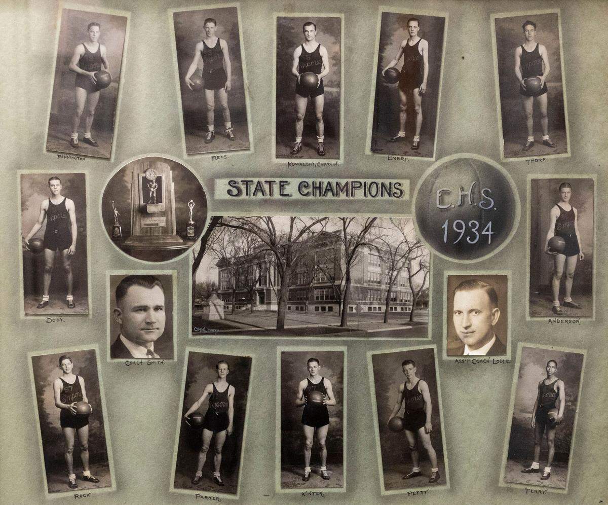 Alfred Smith, Dean Smith’s father, coached the Emporia High School basketball team to the 1934 Kansas State Championship. This collage commemorating that season still hangs in the office at Emporia High School on Wednesday, November 6, 2024 in Emporia, Kansas. 