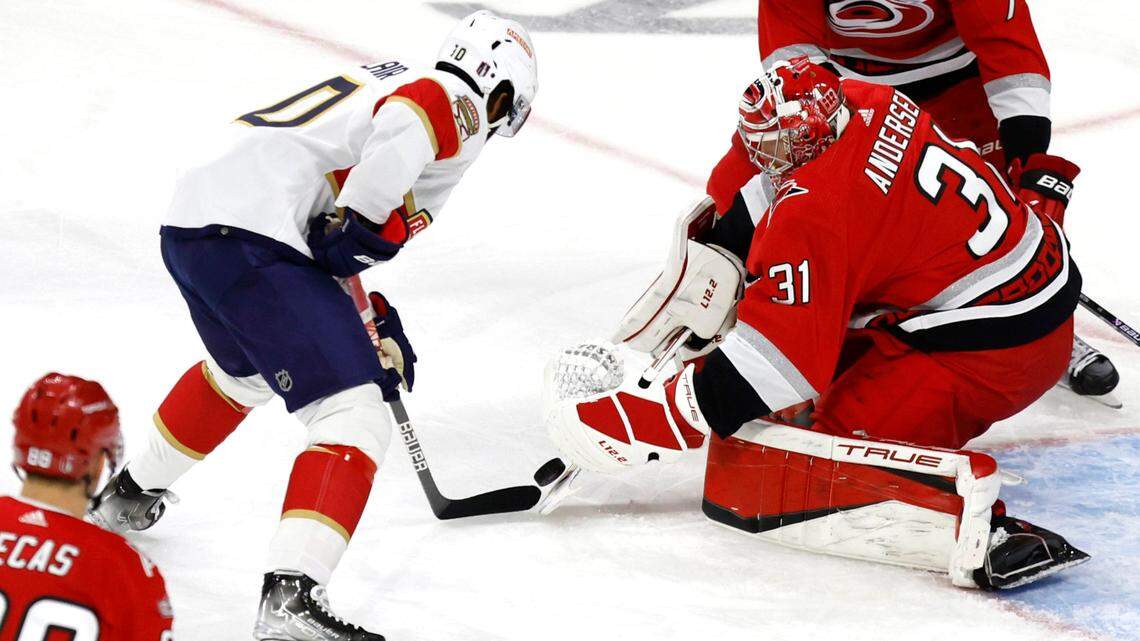 Carolina goaltender Frederik Andersen (31) stops the shot by Florida left wing Anthony Duclair (10) during the first period of the Hurricanes’ game against the Panthers in the first game of Eastern Conference Finals at PNC Arena in Raleigh, N.C., on Thursday, May 18, 2023.