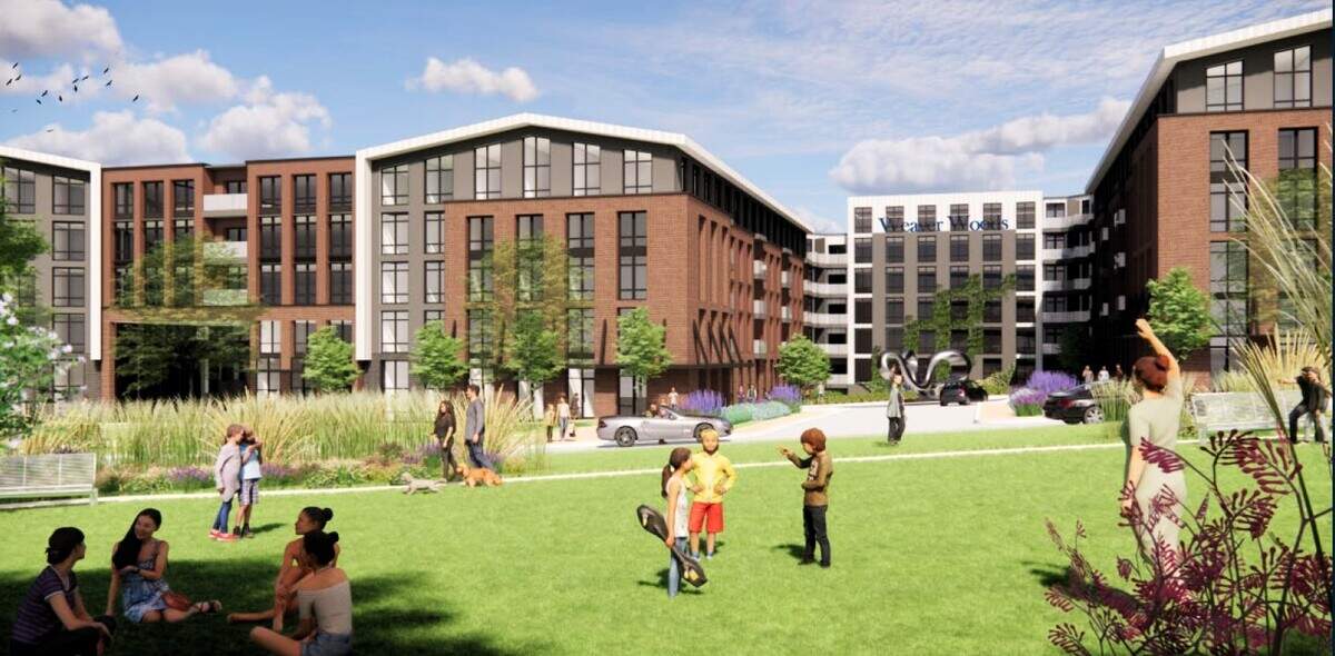 A previous rendering of the 860 Weaver Dairy project in Chapel Hill shows a grassy, public lawn in front of a five-story apartment building, with a six-story parking deck at the rear.