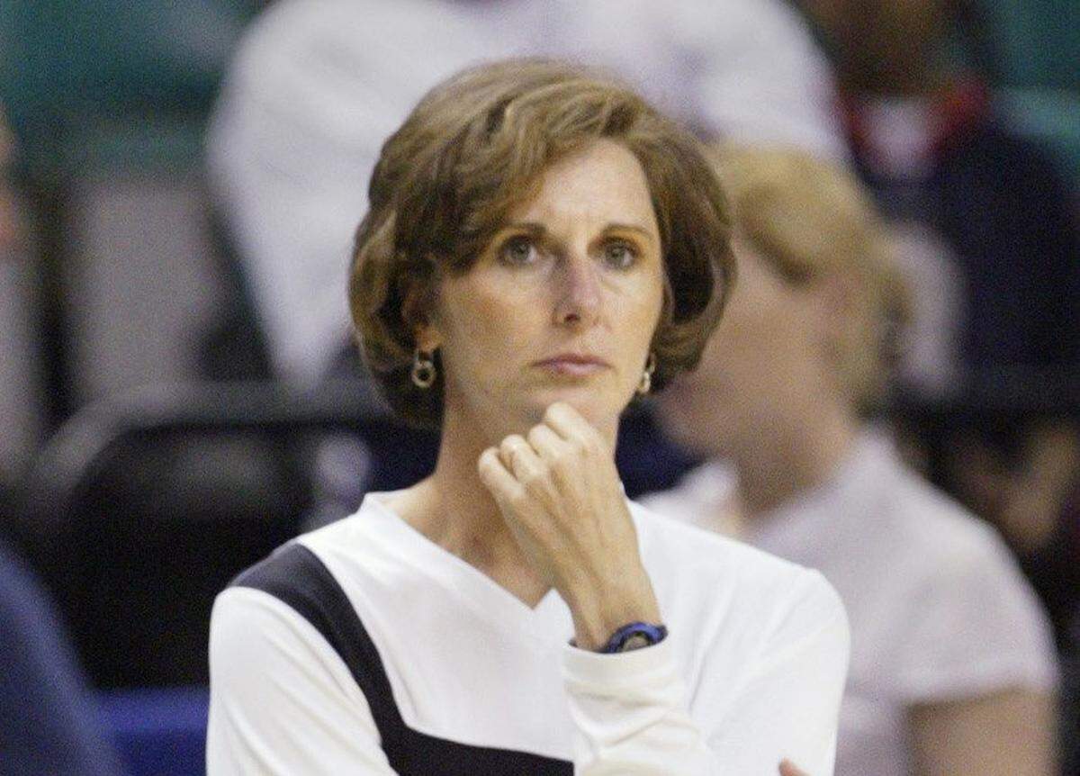 Duke coach Gail Goestenkors watches her team from the sidelines as the Blue Devils practice in the Greensboro Coliseum for their Greensboro Regional semifinal game, on Friday, March 23, 2007.